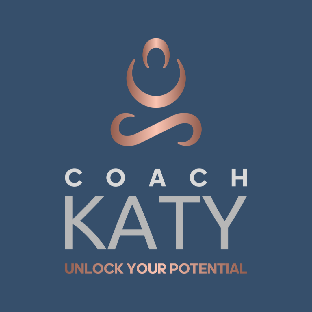 Logo for Coach Katy, featuring a meditative figure and the phrase 'Unlock Your Potential' against a dark blue background.